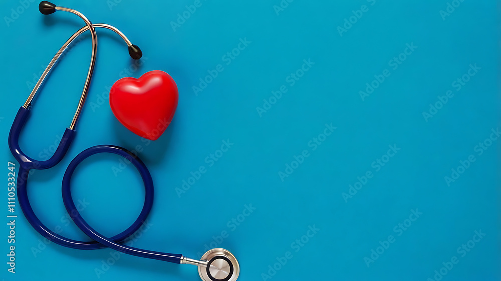 Medical Theme with Stethoscope and Heart on Blue Background, Copy space, stethoscope close-up, medical background image, medical diagnostics symbol, cardiology concept.