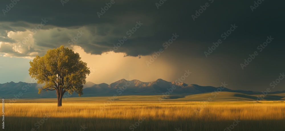 Obraz premium Dramatic landscape with solitary tree, golden grass, dark storm clouds, distant mountains, and sunlight, copy space for text