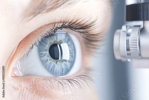 A close-up of a bright blue eye undergoing an ophthalmological examination using professional medical equipment. The image shows the intricate details of the iris with its fine patterns and vibrant