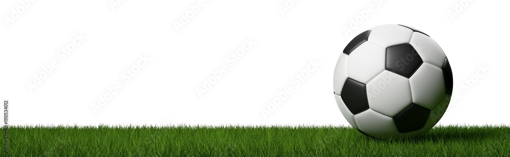 Soccer ball on green lawn or grass isolated on white background wide banner with copy space Soccer ball on green lawn or grass isolated on white background wide banner with copy space