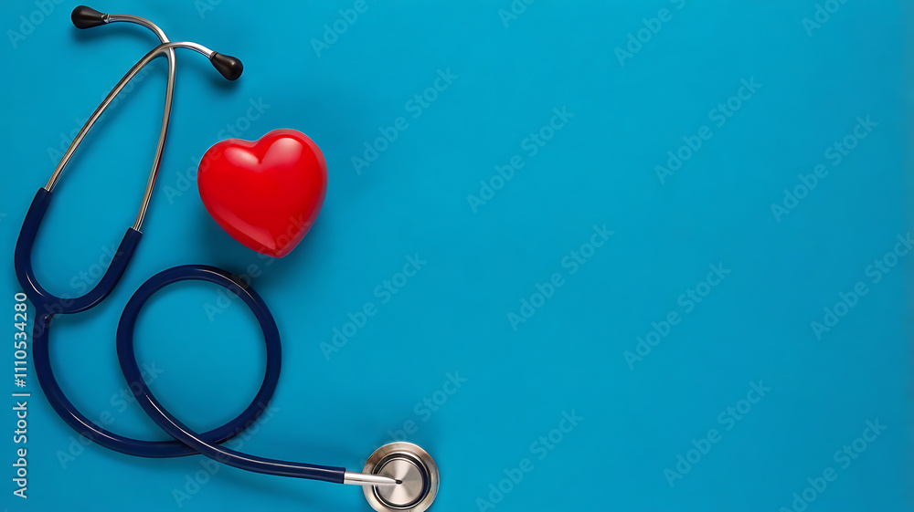 Medical Theme with Stethoscope and Heart on Blue Background, Copy space, stethoscope close-up, medical background image, medical diagnostics symbol, cardiology concept. Medical Theme with Stethoscope and Heart on Blue Background, Copy space, stethoscope close-up, medical background image, medical diagnostics symbol, cardiology concept.