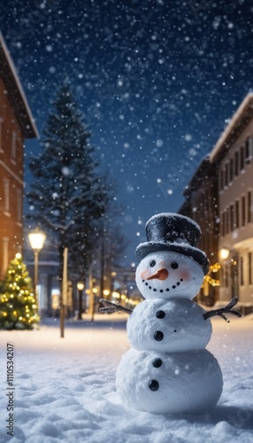 illustration of a snowy street in a small Christmas town illuminated and decorated for the holiday and a smiling snowman