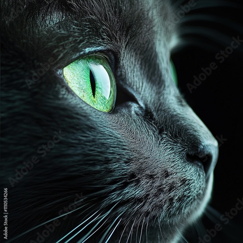 Close-up of a green-eyed cat indoor setting animal portrait dark background artistic perspective captivating expression