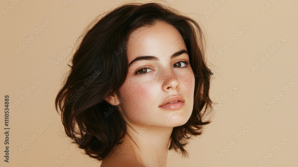 Beautiful young brunette woman with clean fresh skin on beige background, Face care, Facial treatment, Cosmetology, beauty and spa, female smiling portrait. Beautiful young brunette woman with clean fresh skin on beige background, Face care, Facial treatment, Cosmetology, beauty and spa, female smiling portrait.