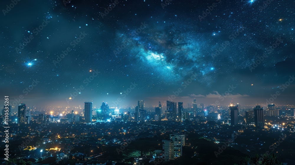 Fototapeta premium A stunning night view of a city skyline illuminated by lights, under a starry sky filled with galaxies and cosmic wonders.