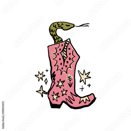 Bohemian groovy postmodern funky cowgirl patterned boot with snake, funky groovy hippie cowboy concept fashion shoes. Vector illustration clipart isolated glamour boot on background , 2025 New Year