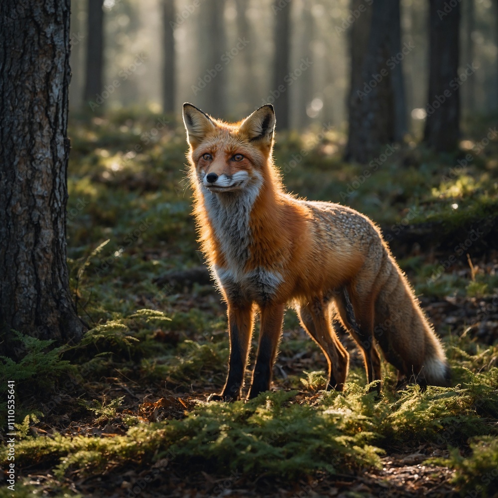 A red fox curiously exploring the forest floor, with sunlight breaking through the trees and a cloudless sky above. A red fox curiously exploring the forest floor, with sunlight breaking through the trees and a cloudless sky above.