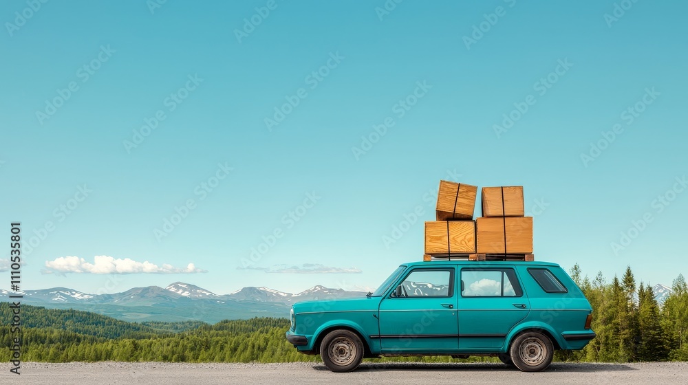 Fototapeta premium A turquoise car with stacked wooden crates drives along a scenic road surrounded by mountains under a clear blue sky.
