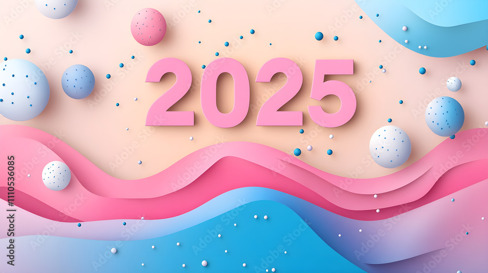 Fototapeta premium Abstract New Year 2025 Design with Pink 3D Numbers and Pastel Elements.