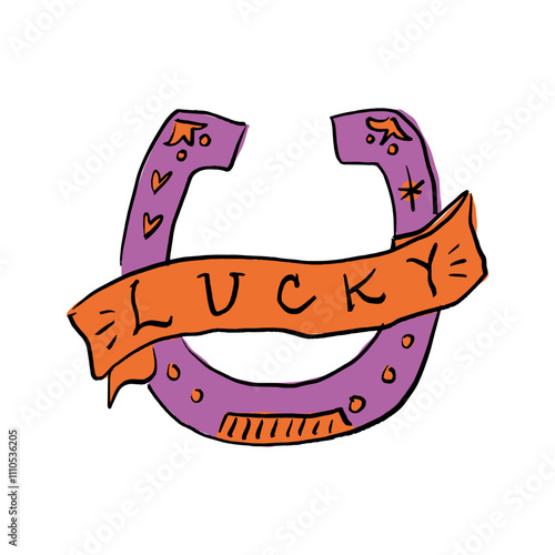 Bohemian groovy postmodern funky pink lucky horseshoe lettering label, boho hippie sketch hand-drawn illustration. Digital sticker, wild west cartoon doodles, tribal bohemian vintage retro style decor