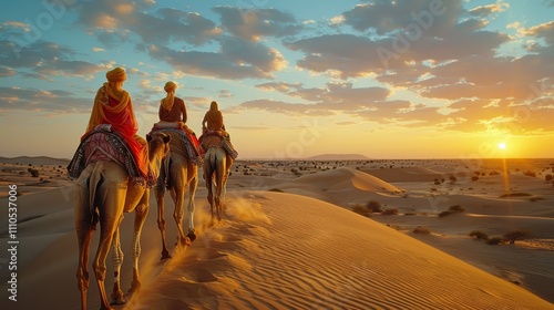 Fototapeta Naklejka Na Ścianę i Meble -  Three travelers ride camels across a serene desert landscape at sunset, surrounded by golden sand dunes and a colorful sky.