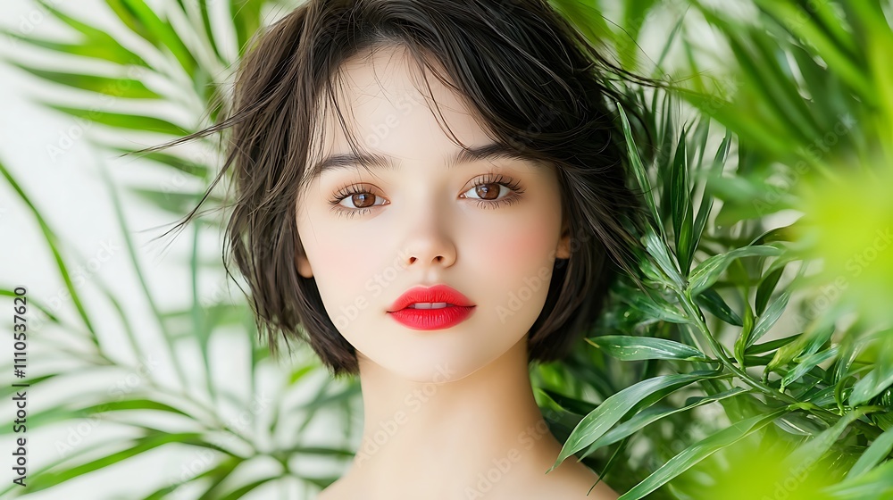 The woman's short, dark hair frames her face as she gazes confidently at the camera, her bright red lips contrasting with the lush green palm leaves surrounding her in the soft afternoon light. The woman's short, dark hair frames her face as she gazes confidently at the camera, her bright red lips contrasting with the lush green palm leaves surrounding her in the soft afternoon light.