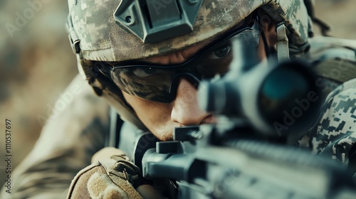 A soldier in camouflage gear aims a rifle in a field. photo