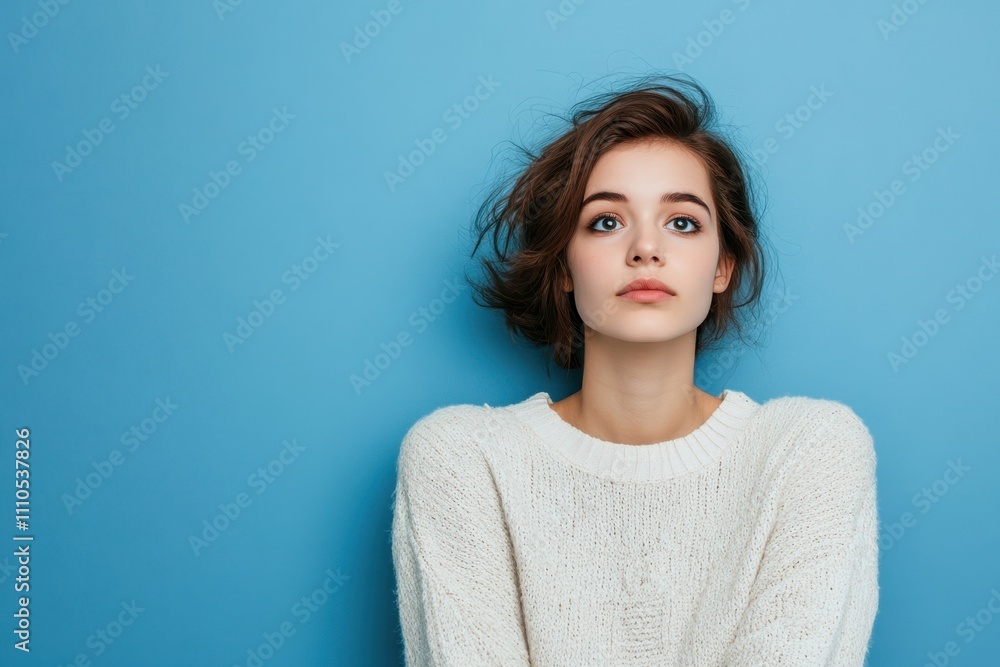 Portrait of a young woman with a thoughtful expression against a blue background Portrait of a young woman with a thoughtful expression against a blue background