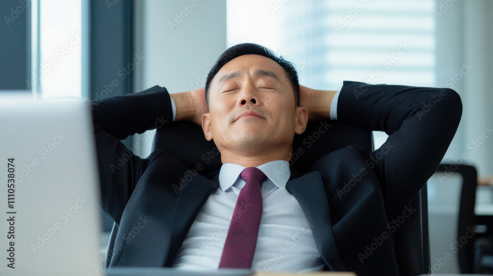 A relaxed businessman enjoys a moment of peace in a modern office, leaning back in his chair with a content expression. A relaxed businessman enjoys a moment of peace in a modern office, leaning back in his chair with a content expression.