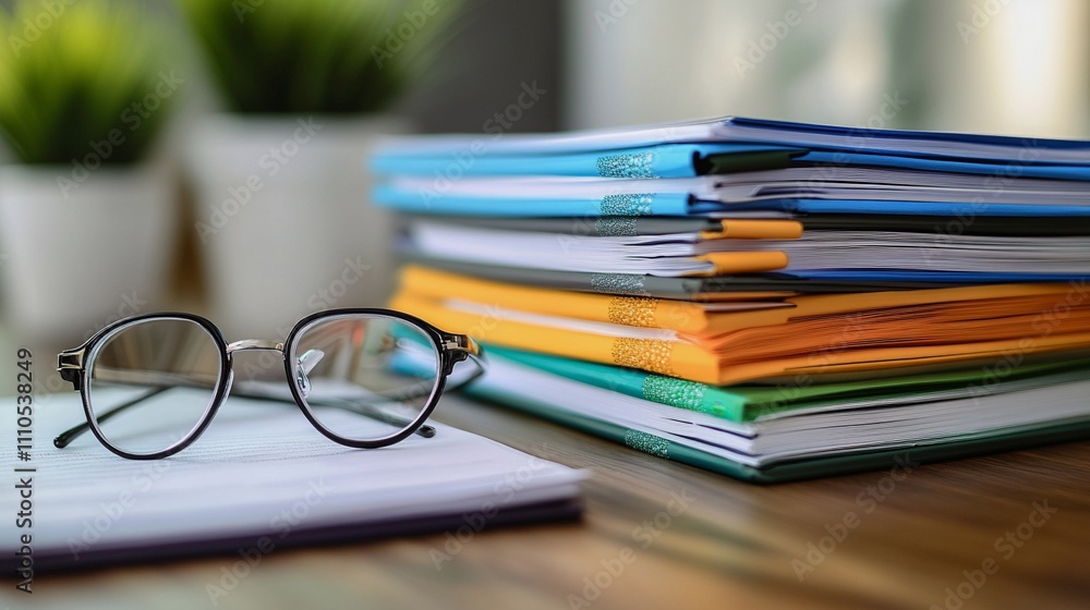 A collection of neatly stacked medical research journals with colorful covers, placed on a wooden desk with a pair of reading glasses nearby A collection of neatly stacked medical research journals with colorful covers, placed on a wooden desk with a pair of reading glasses nearby