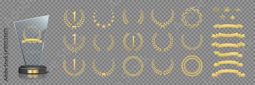 Glass award trophy vector set. Collection of 3d realistic crystal mockup prize for winner with number 1, different gold laurel wreath, ribbons and crowns on transparent background.