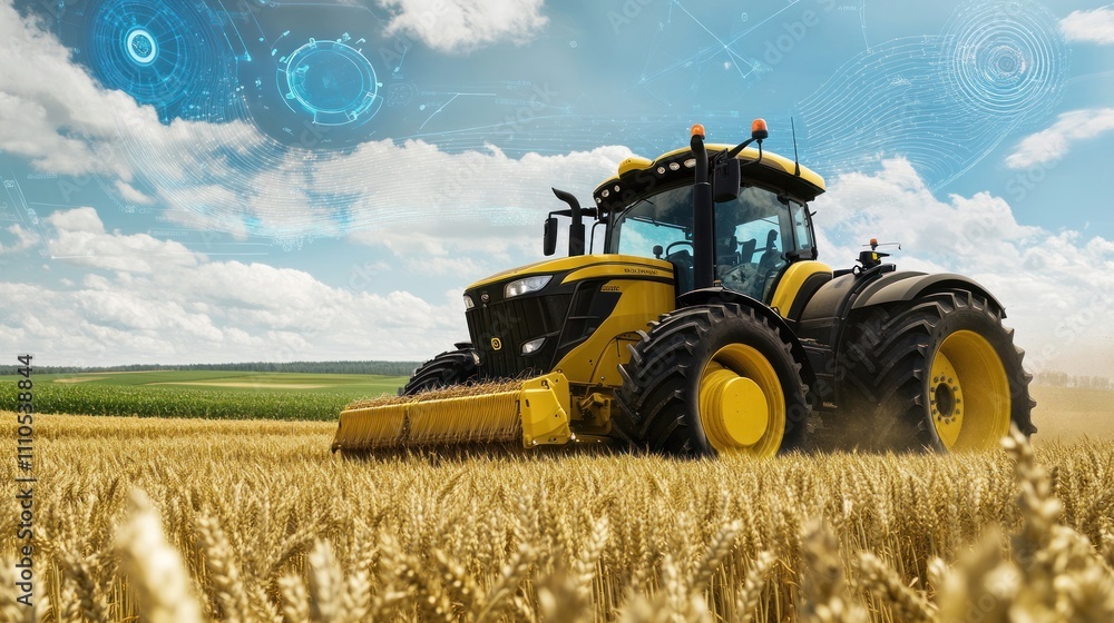 Fototapeta premium High-tech tractor with GPS navigation system in a wheat field, automated precision, 