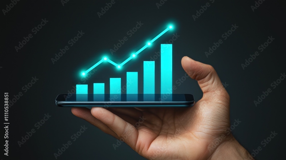 Hand Holding Smartphone with Digital Graph Illustrating Growth and Progress on Dark Background, Symbolizing Business Success and Technology Advancement Hand Holding Smartphone with Digital Graph Illustrating Growth and Progress on Dark Background, Symbolizing Business Success and Technology Advancement