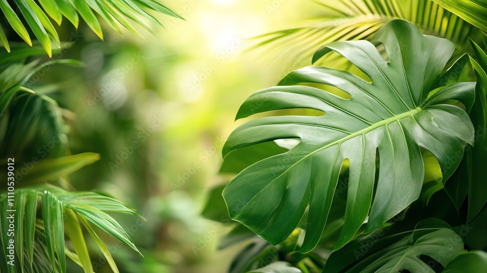 Obraz premium Large green tropical leaves in a lush jungle setting.