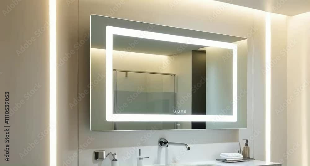 A sleek, modern bathroom interior design featuring a large, futuristic smart mirror mounted on a polished chrome wall bracket, its LED display glowing softly with a gentle blue hue A sleek, modern bathroom interior design featuring a large, futuristic smart mirror mounted on a polished chrome wall bracket, its LED display glowing softly with a gentle blue hue