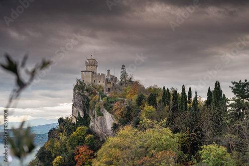 San Marino 20 November 2024: view of one of the castles in autumn, an architectural marvel overlooking the plain below photo