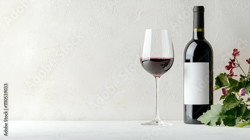 Elegant Red Wine Bottle and Glass with Grapes on Simple Background