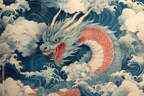 A traditional depiction of a dragon - turtle surrounded by waves and clouds photo