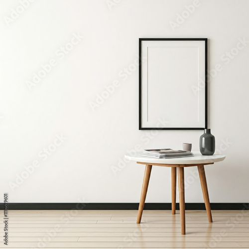 A minimalist interior design scene with mockup frame. A round table sits on a light wooden floor, holding avase with dried flowers and a white ceramic pear. photo