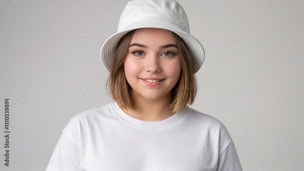 Plus size teenage girl with short hair wearing white t-shirt and white bucket hat isolated on grey background Plus size teenage girl with short hair wearing white t-shirt and white bucket hat isolated on grey background