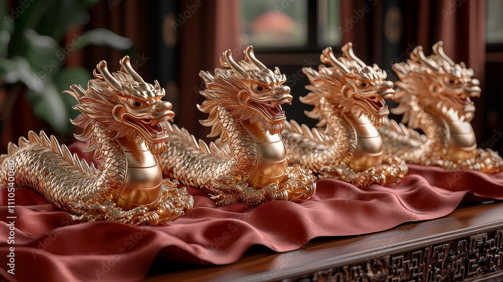 Intricately designed decorative dragons on a velvet display Intricately designed decorative dragons on a velvet display