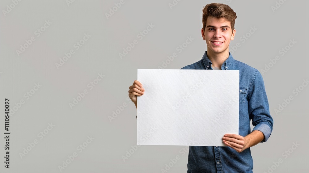 Portrait of a smiling young man holding a blank white sign, isolated on a plain light background. Perfect for customization, advertising, and promotional purposes. Portrait of a smiling young man holding a blank white sign, isolated on a plain light background. Perfect for customization, advertising, and promotional purposes.