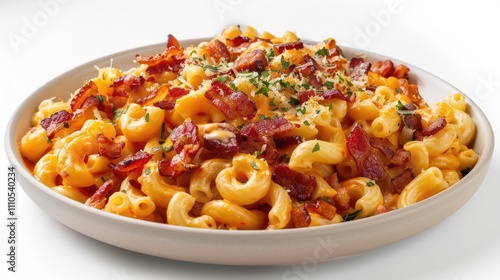 A beautifully crafted pasta dish, featuring gourmet mac and cheese, loaded with crispy bacon and a blend of creamy cheeses, beautifully presented on a white background