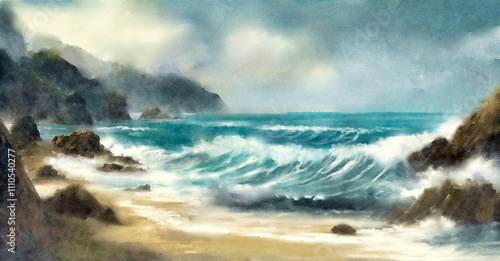 Morning on the ocean shore, waves and stones, watercolor drawing of a seascape, art