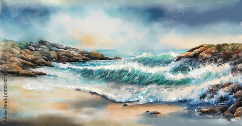 Waves crashing on rocks on the shore, sandy beach, seascape watercolor drawing, art