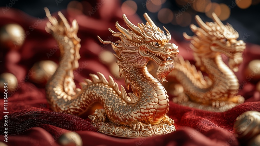 Intricate golden dragon sculptures on red fabric background Intricate golden dragon sculptures on red fabric background