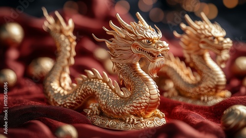 Wallpaper Mural Intricate golden dragon sculptures on red fabric background Torontodigital.ca