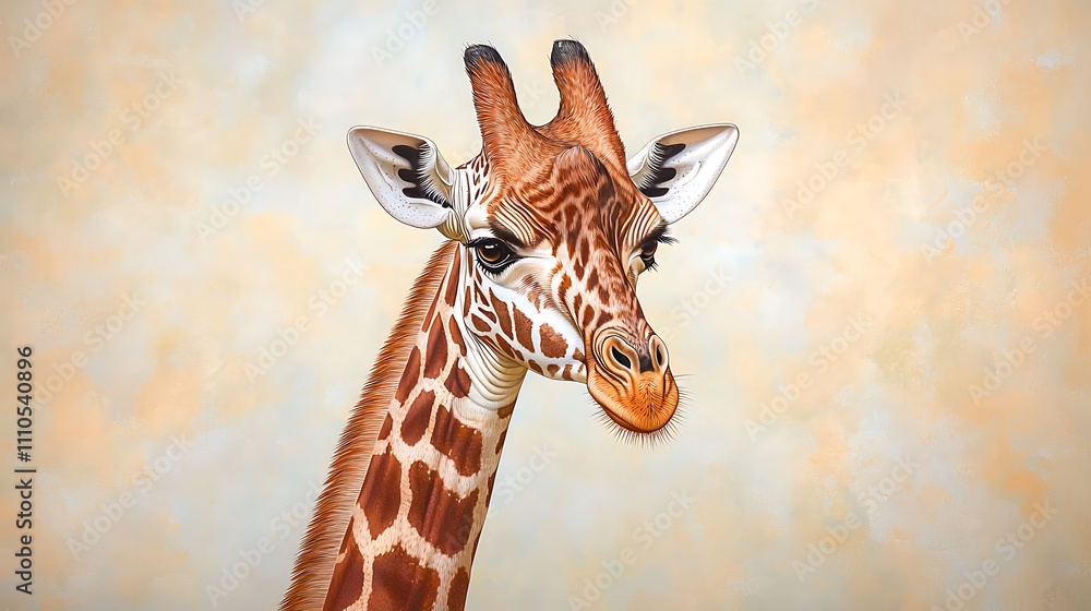 Obraz premium The illustration depicts a majestic giraffe with its long neck gracefully curved upwards, the intricate patterns of its coat beautifully detailed, and its gentle eyes gazing serenely at the viewer.