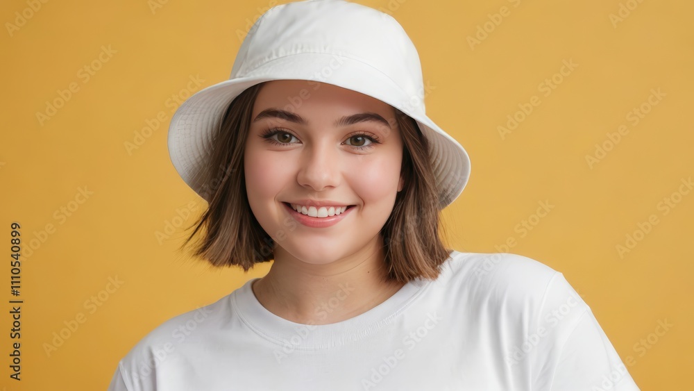 Plus size teenage girl with short hair wearing white t-shirt and white bucket hat isolated on yellow background Plus size teenage girl with short hair wearing white t-shirt and white bucket hat isolated on yellow background