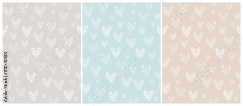 Cute Irregular Vector Pattern with  White Hand Drawn Hearts on a Light Gray, Beige and Pastel Blue Background. Funny Infantile Endless Print with Hearts. Childish Pattern with Doodle Hearts.