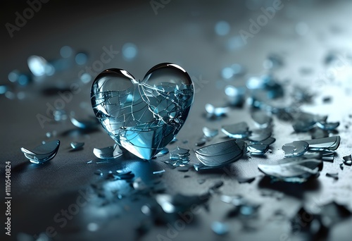 Broken glass heart: the pain of broken love in blue photo