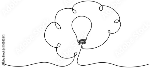 Light bulb inside human brain continuous line art drawing. Wisdom concept. Creative idea and insight symbol. Intellectual property sign. Vector illustration isolated on white.