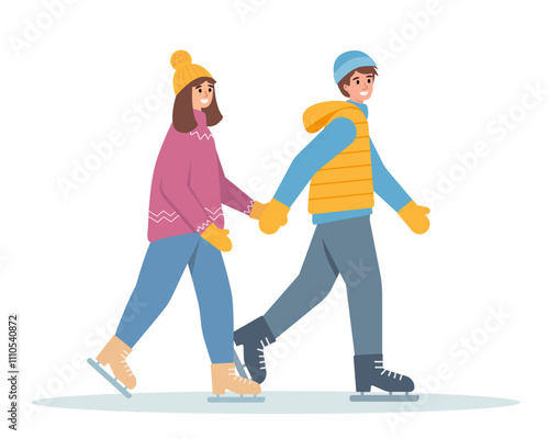 Happy couple of young people on skating rink in winter. Snowy winter season outdoor activity. Boy and girl in warm clothes skating on ice. Vector icon illustration isolated on white background.