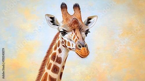 The illustration depicts a majestic giraffe with its long neck gracefully curved upwards, the intricate patterns of its coat beautifully detailed, and its gentle eyes gazing serenely at the viewer. photo