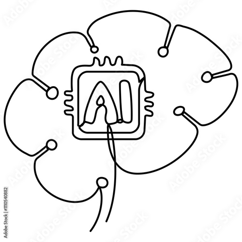 Robot brain artificial intelligence technology continuous line art drawing. Vector illustration isolated on white background.