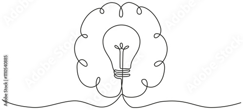 Light bulb inside human brain continuous line art drawing. Wisdom concept. Creative idea and insight symbol. Intellectual property sign. Vector illustration isolated on white.