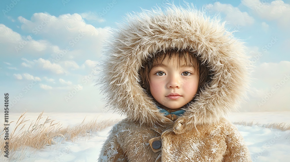 A digital painting of a child from Mongolia dressed in a thick, furry coat standing in a snowy landscape, created using advanced digital rendering techniques. A digital painting of a child from Mongolia dressed in a thick, furry coat standing in a snowy landscape, created using advanced digital rendering techniques.
