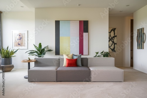 Modern interior design featuring a stylish sectional sofa and abstract art