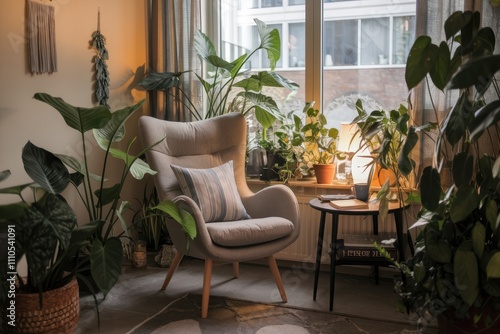 Cozy armchair inviting relaxation in a room full of plants photo