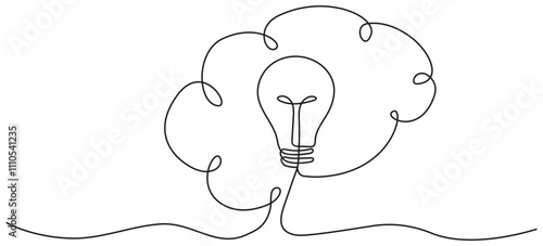 Light bulb inside human brain continuous line art drawing. Wisdom concept. Creative idea and insight symbol. Intellectual property sign. Vector illustration isolated on white.